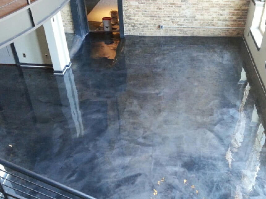 Sometimes used as metallic garage floor epoxy, metallic resin floor is a stunning yet durable option that is a perfect fit for showrooms, offices and anti slip commercial kitchen flooring